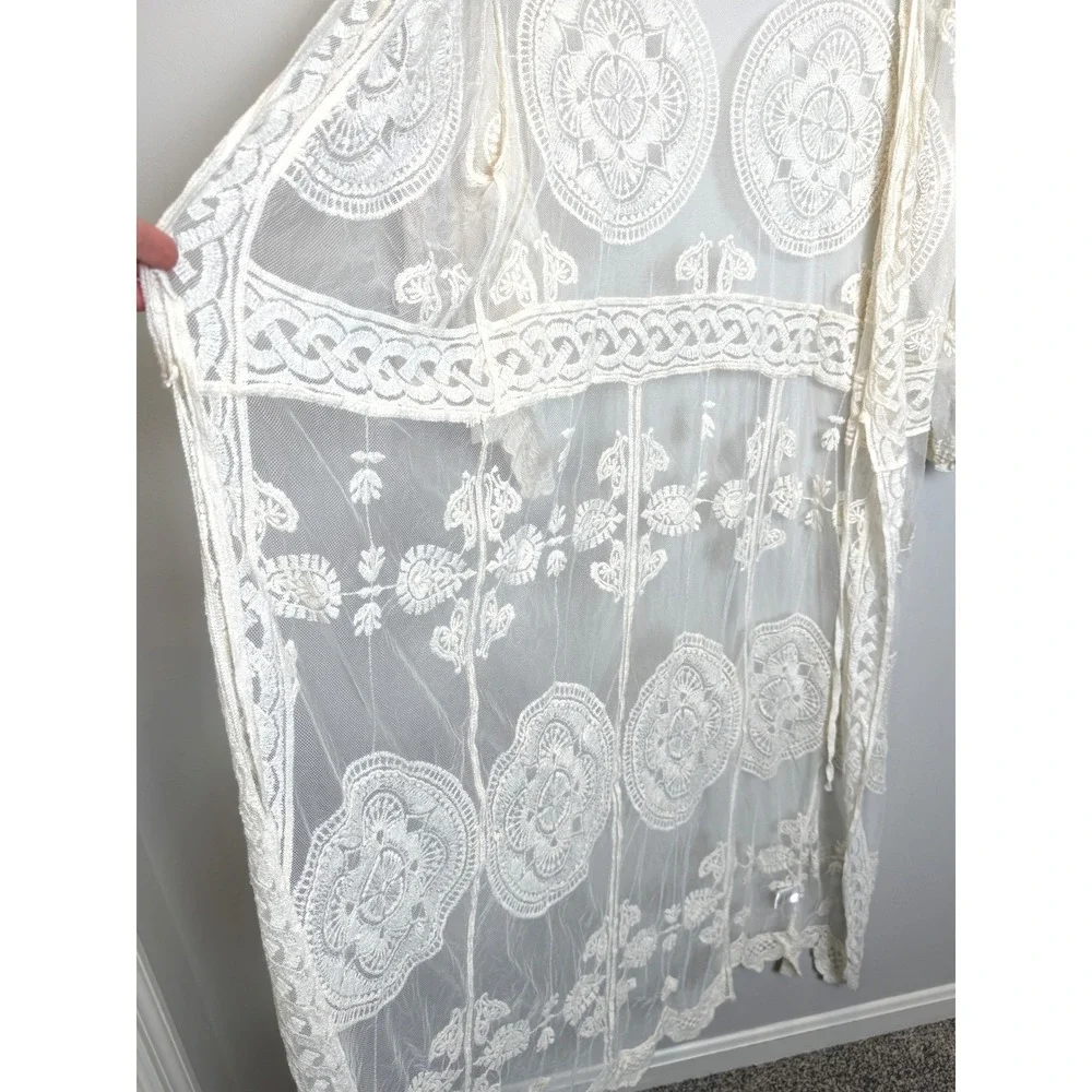 Rebellion Again Long Sheer Duster Cardigan Lace Crochet Romantic White Cream L‎